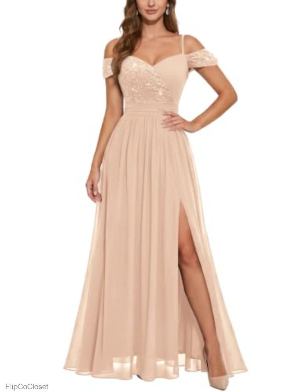 Off Shoulder Lace Sequin A-Line Maxi Dress